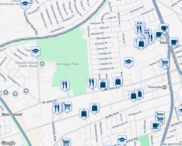 map of restaurants, bars, coffee shops, grocery stores, and more near 33 Kuhl Avenue in Hicksville