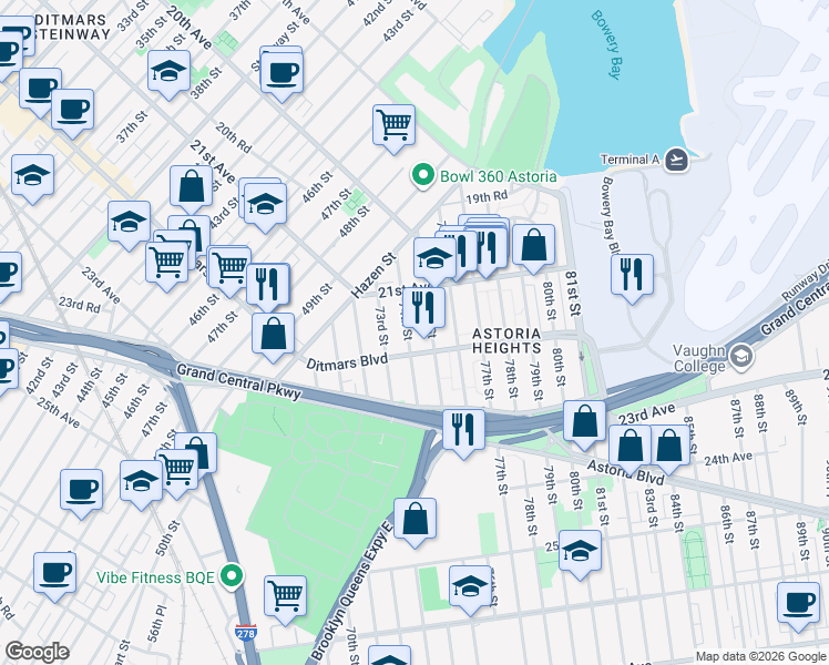 map of restaurants, bars, coffee shops, grocery stores, and more near 21-41 74th Street in Queens