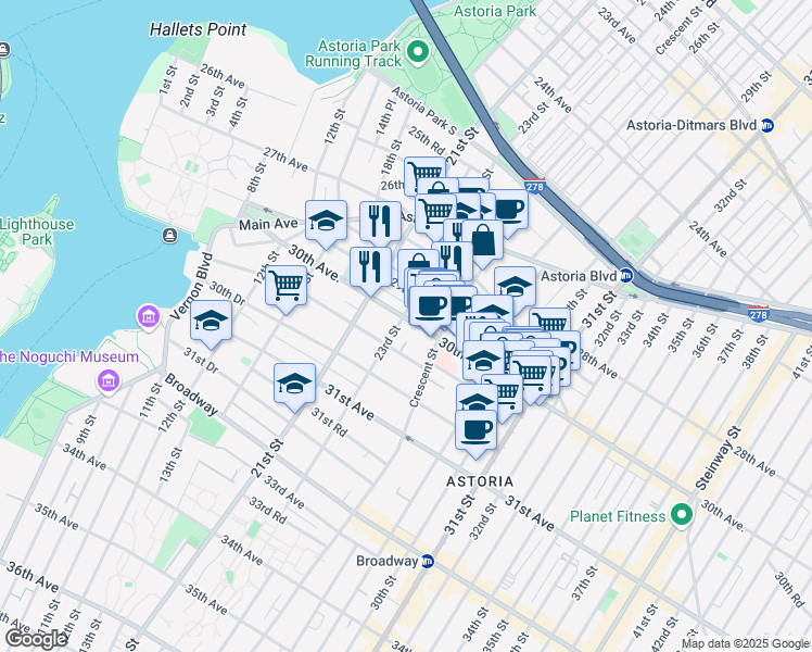 map of restaurants, bars, coffee shops, grocery stores, and more near 23-06 30th Avenue in Queens