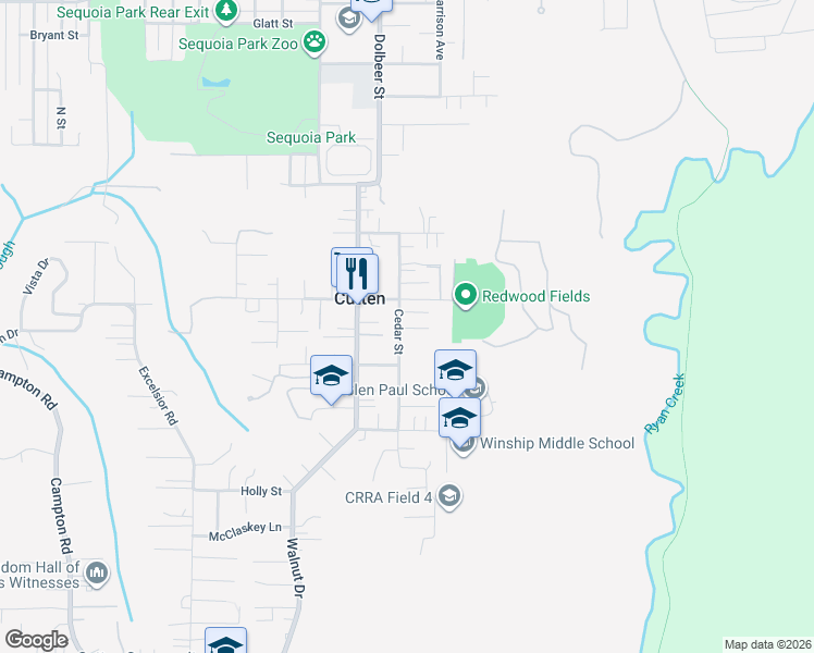 map of restaurants, bars, coffee shops, grocery stores, and more near 4066 Cedar Street in Eureka