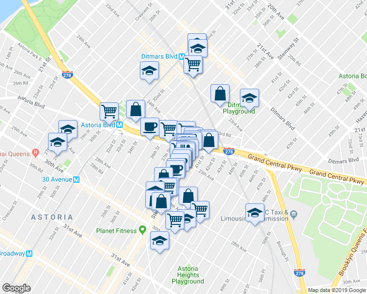 map of restaurants, bars, coffee shops, grocery stores, and more near 2512 Steinway Street in Queens
