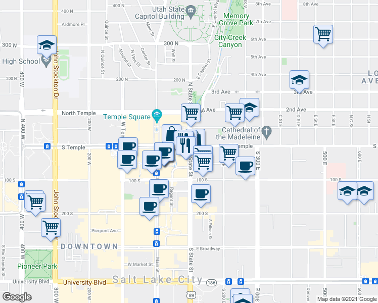 map of restaurants, bars, coffee shops, grocery stores, and more near 12 South State Street in Salt Lake City