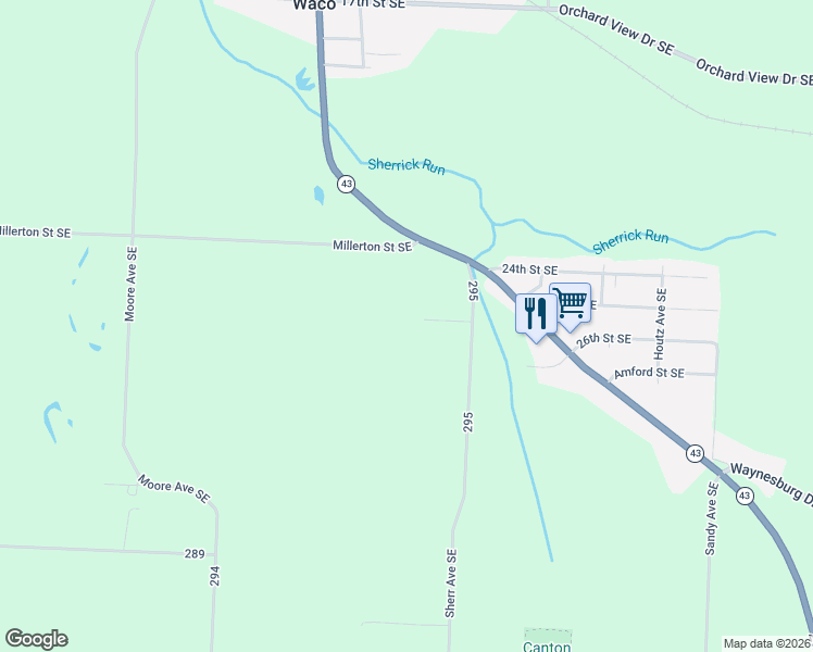 map of restaurants, bars, coffee shops, grocery stores, and more near 2523 Sherr Avenue Southeast in Canton