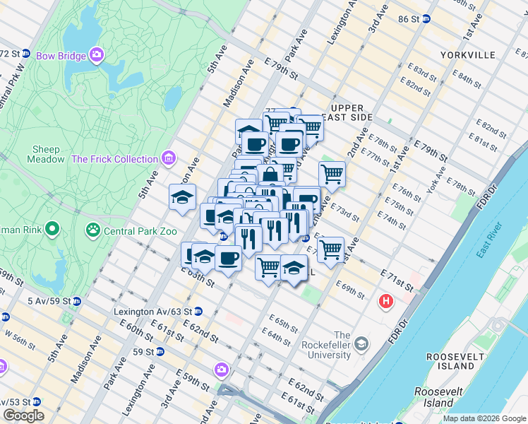map of restaurants, bars, coffee shops, grocery stores, and more near 176 East 71st Street in New York