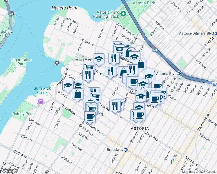 map of restaurants, bars, coffee shops, grocery stores, and more near 30-27 21st Street in Queens
