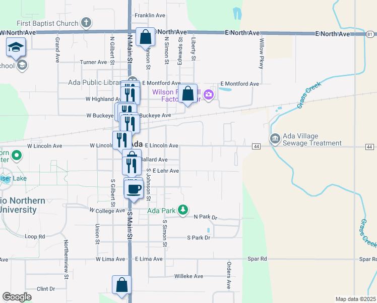 map of restaurants, bars, coffee shops, grocery stores, and more near 306 Ream Street in Ada