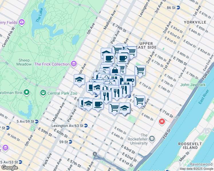 map of restaurants, bars, coffee shops, grocery stores, and more near 161 East 70th Street in New York