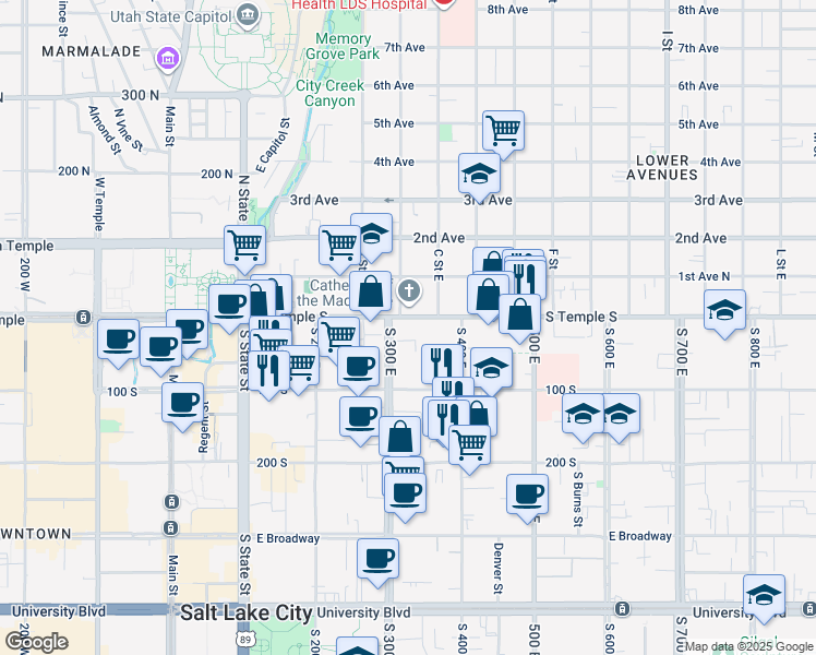 map of restaurants, bars, coffee shops, grocery stores, and more near 25 South 300 East in Salt Lake City
