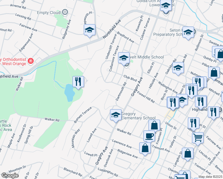 map of restaurants, bars, coffee shops, grocery stores, and more near 57 Winding Way in West Orange
