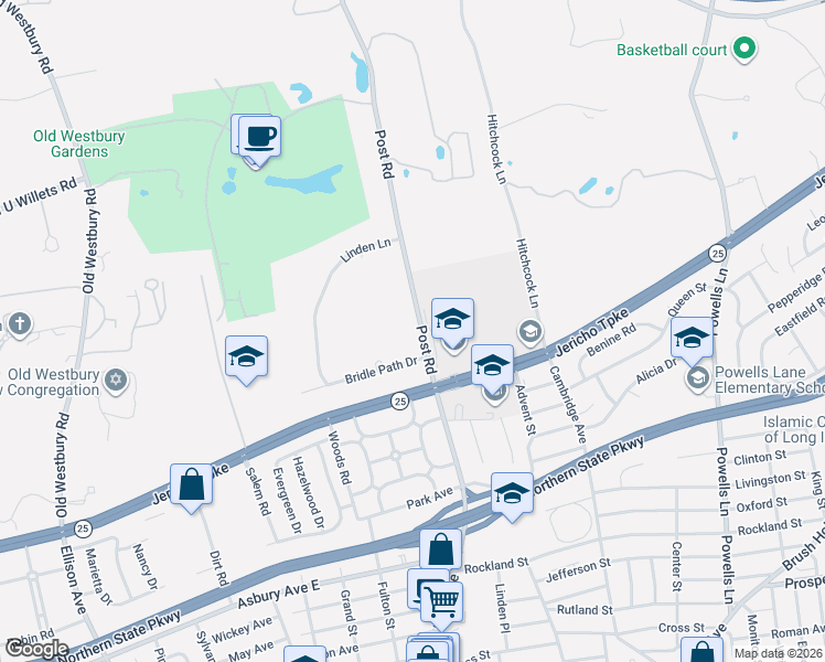 map of restaurants, bars, coffee shops, grocery stores, and more near 1 Bridle Path Drive in Old Westbury