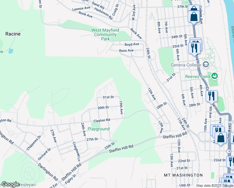 map of restaurants, bars, coffee shops, grocery stores, and more near 3011 19th Avenue in Beaver Falls
