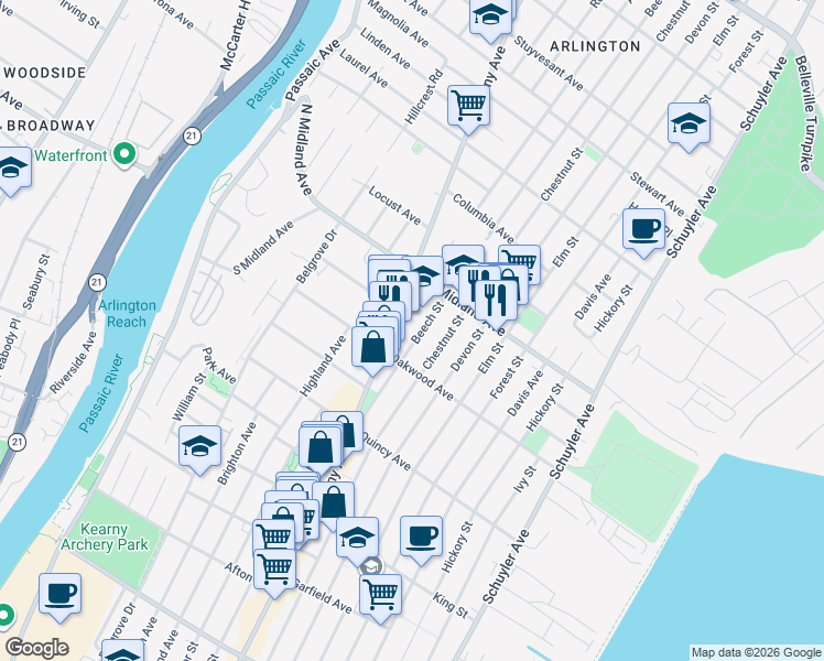map of restaurants, bars, coffee shops, grocery stores, and more near 91 Beech Street in Kearny