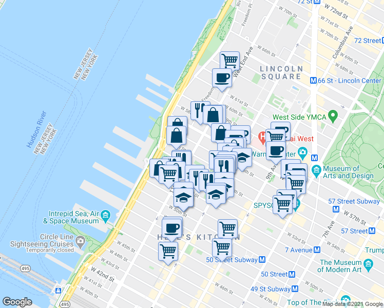 map of restaurants, bars, coffee shops, grocery stores, and more near 11th Ave & W 55th St in New York