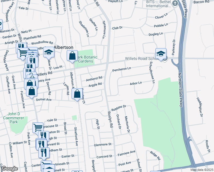 map of restaurants, bars, coffee shops, grocery stores, and more near 9 Percheron Lane in Roslyn Heights