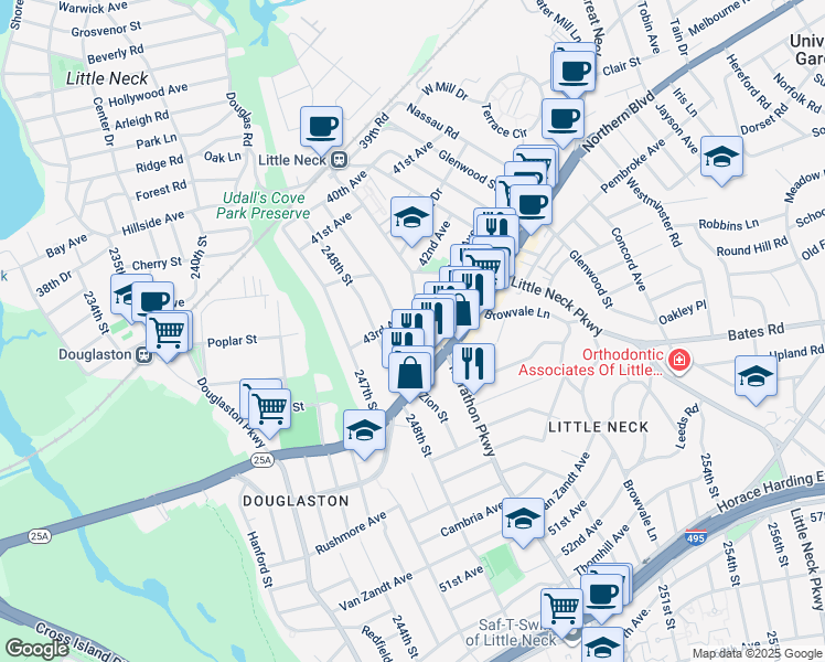 map of restaurants, bars, coffee shops, grocery stores, and more near 43-11 249th Street in Queens