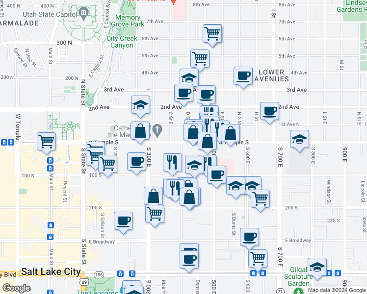 map of restaurants, bars, coffee shops, grocery stores, and more near 11 South 400 East in Salt Lake City