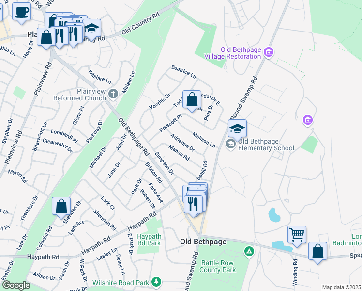 map of restaurants, bars, coffee shops, grocery stores, and more near 19 Mahan Road in Old Bethpage