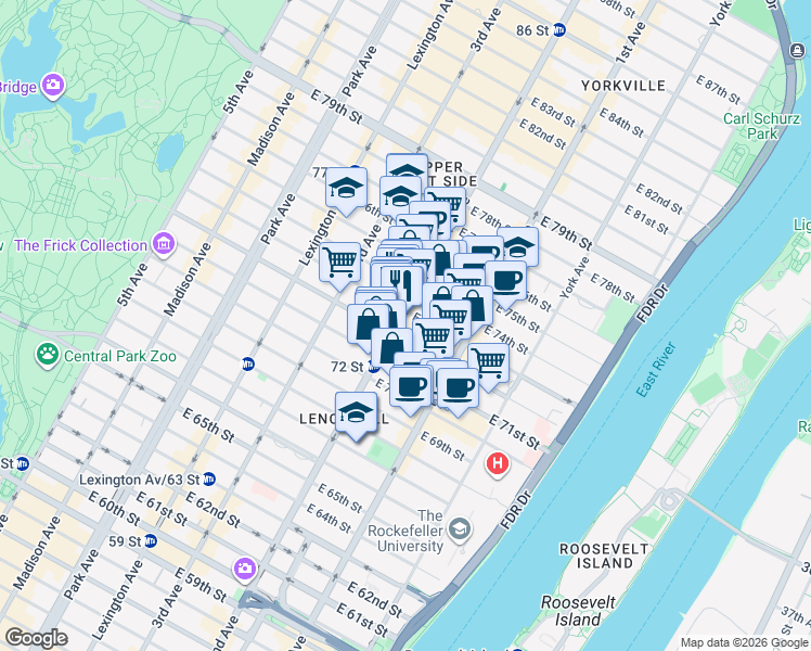 map of restaurants, bars, coffee shops, grocery stores, and more near 1400 2nd Avenue in New York