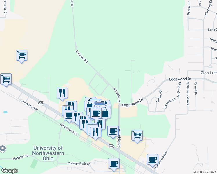 map of restaurants, bars, coffee shops, grocery stores, and more near 2251 N Cable Rd in Elida