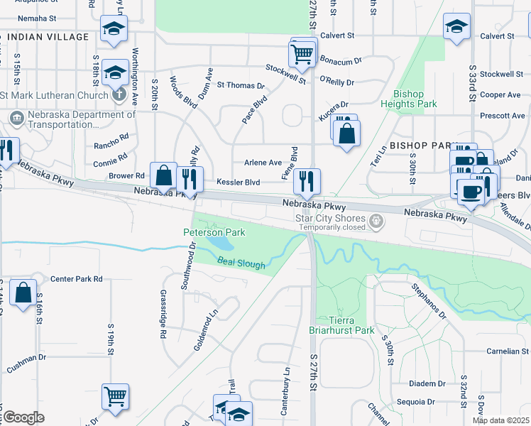 map of restaurants, bars, coffee shops, grocery stores, and more near Southwood Village in Lincoln