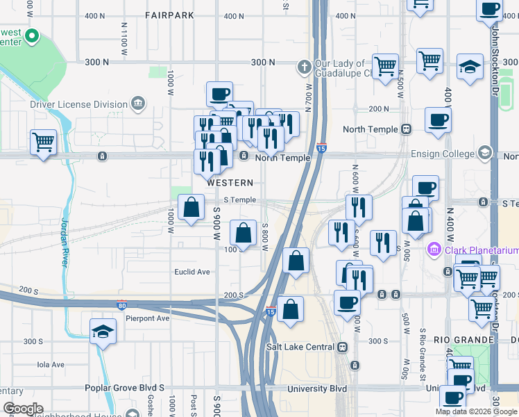 map of restaurants, bars, coffee shops, grocery stores, and more near 805 West North Temple Street in Salt Lake City