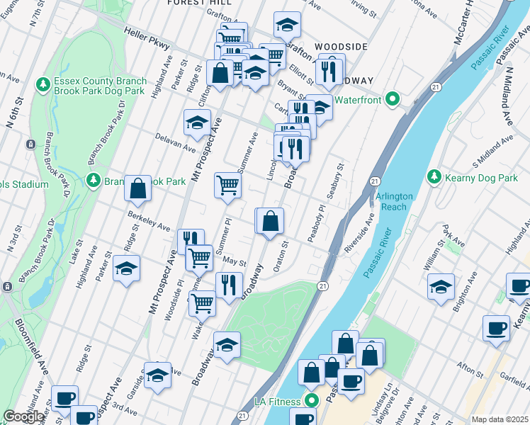 map of restaurants, bars, coffee shops, grocery stores, and more near 96 Lincoln Avenue in Newark