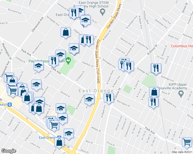 map of restaurants, bars, coffee shops, grocery stores, and more near 265 North Arlington Avenue in East Orange