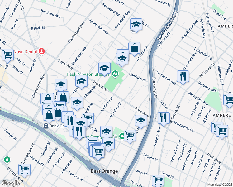 map of restaurants, bars, coffee shops, grocery stores, and more near 413 Park Avenue in East Orange