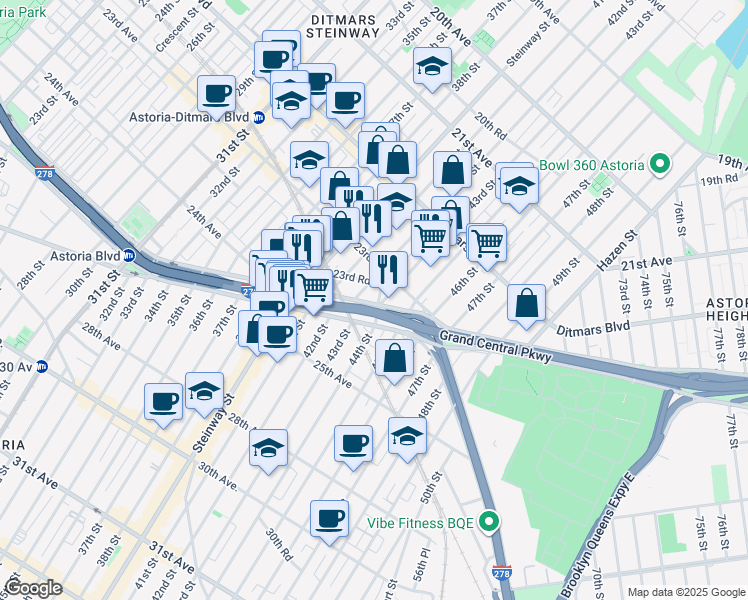 map of restaurants, bars, coffee shops, grocery stores, and more near 44-20 Astoria Boulevard South in Queens