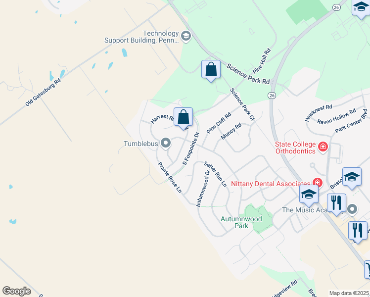map of restaurants, bars, coffee shops, grocery stores, and more near 576 South Foxpointe Drive in State College