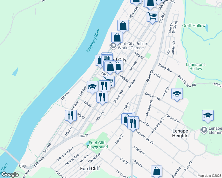 map of restaurants, bars, coffee shops, grocery stores, and more near 830 6th Avenue in Ford City
