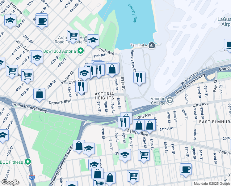 map of restaurants, bars, coffee shops, grocery stores, and more near in Queens