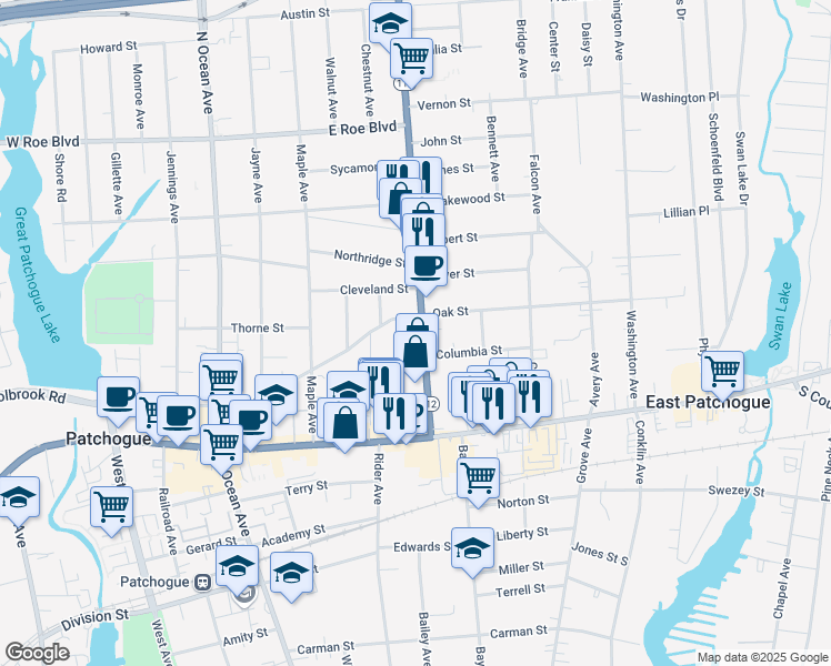 map of restaurants, bars, coffee shops, grocery stores, and more near 80 Medford Avenue in Patchogue