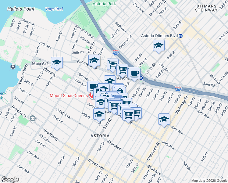 map of restaurants, bars, coffee shops, grocery stores, and more near 29-28 Newtown Avenue in Queens
