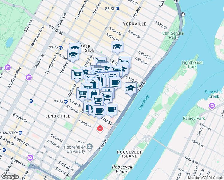 map of restaurants, bars, coffee shops, grocery stores, and more near 1411 York Avenue in New York