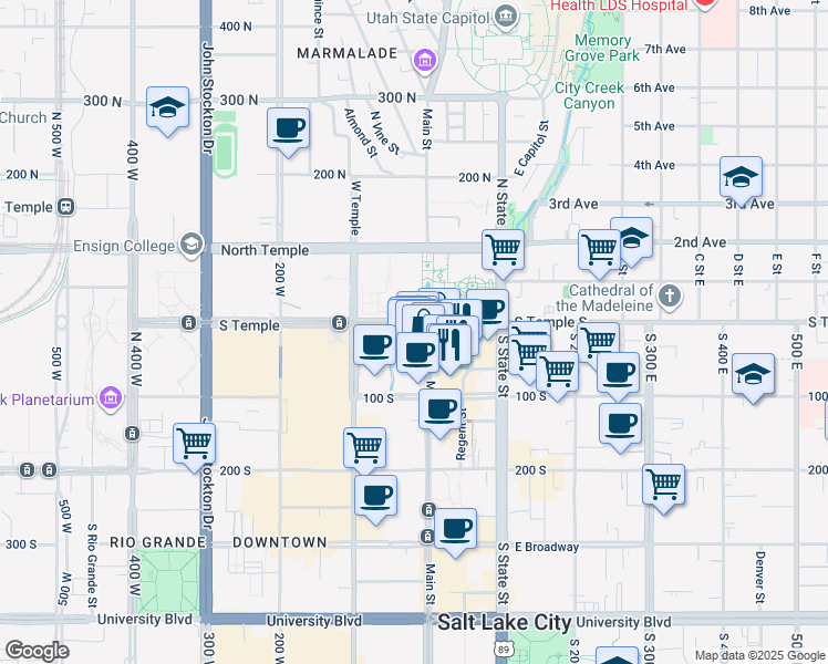 map of restaurants, bars, coffee shops, grocery stores, and more near 40 South Main Street in Salt Lake City