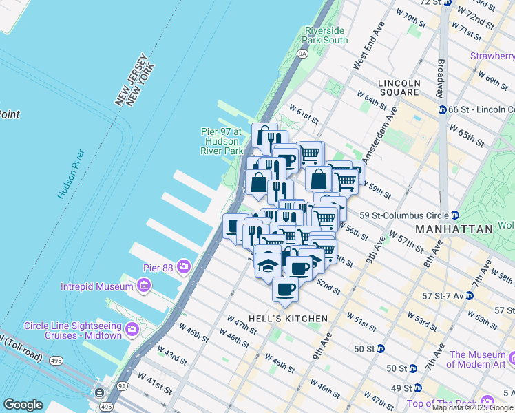 map of restaurants, bars, coffee shops, grocery stores, and more near 594 West 54th Street in New York