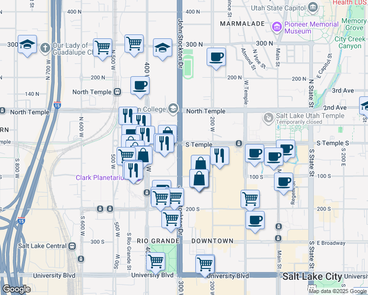 map of restaurants, bars, coffee shops, grocery stores, and more near 301 West South Temple in Salt Lake City