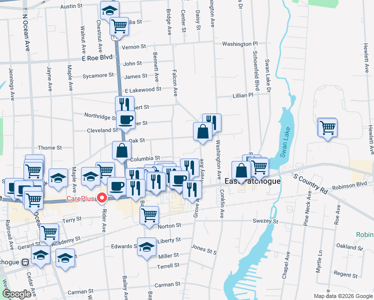 map of restaurants, bars, coffee shops, grocery stores, and more near 47 Case Avenue in Patchogue