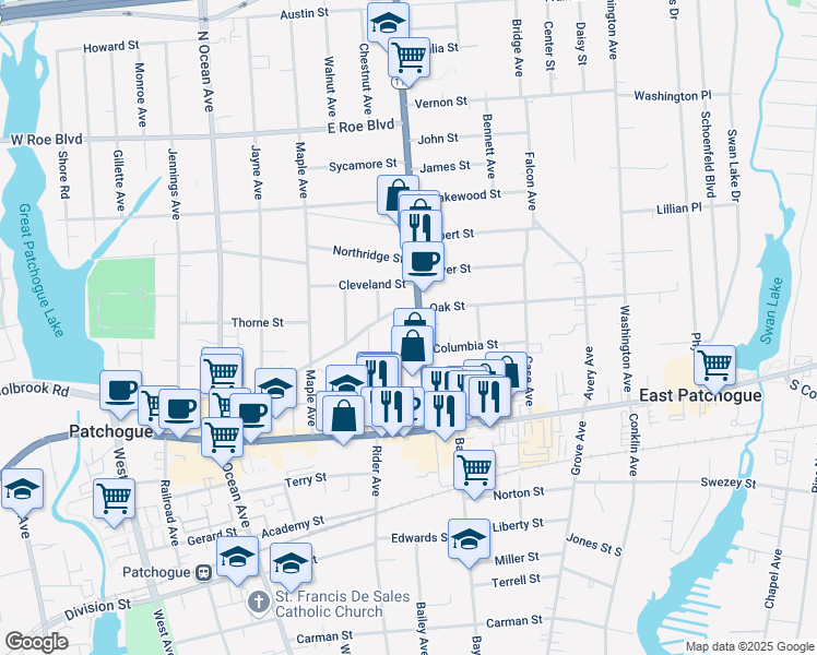 map of restaurants, bars, coffee shops, grocery stores, and more near 80 Medford Avenue in Patchogue