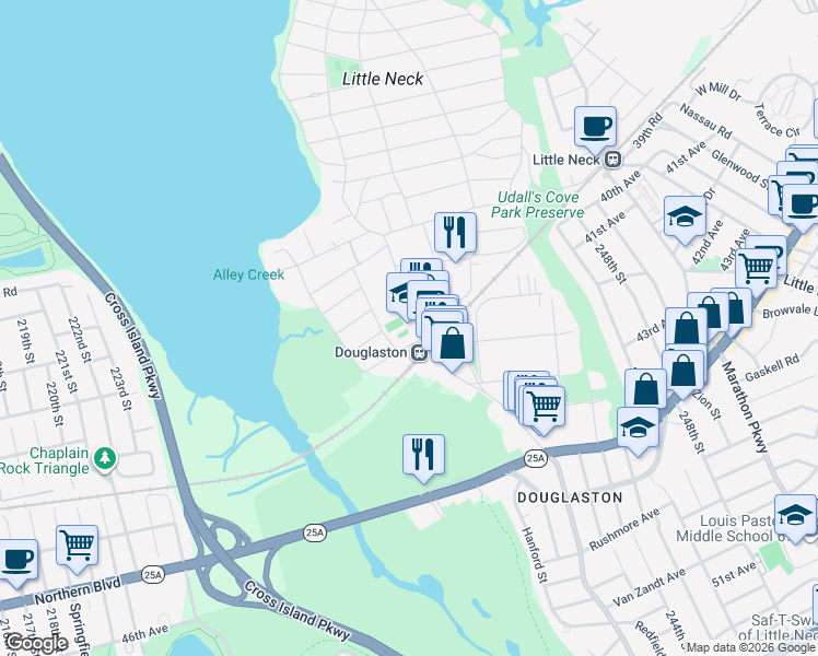 map of restaurants, bars, coffee shops, grocery stores, and more near 40-29 235th Street in Queens