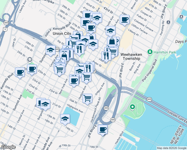 map of restaurants, bars, coffee shops, grocery stores, and more near 562 Hudson Avenue in Weehawken