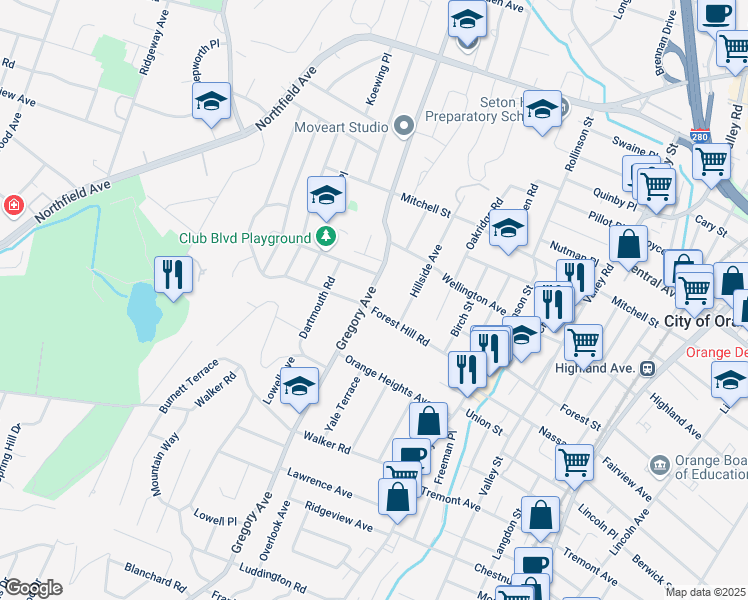 map of restaurants, bars, coffee shops, grocery stores, and more near 248 Gregory Avenue in West Orange
