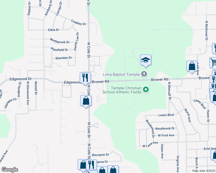 map of restaurants, bars, coffee shops, grocery stores, and more near 2240 Molly Avenue in Lima