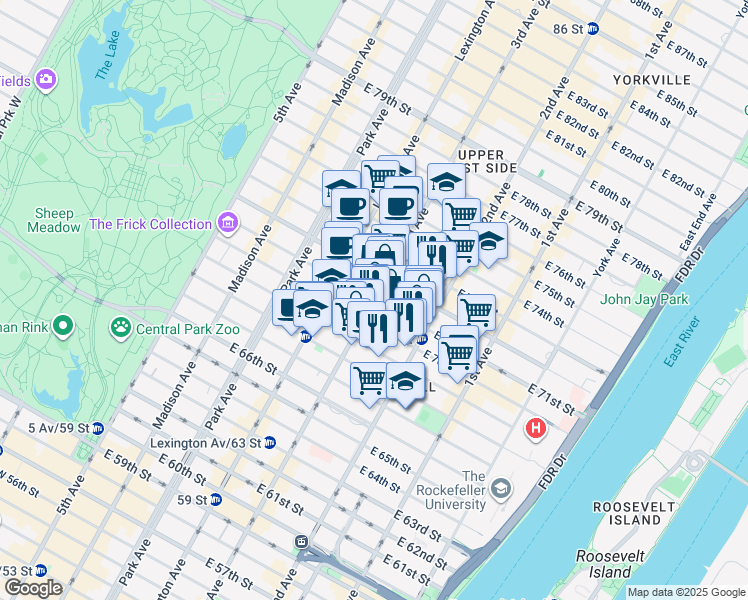 map of restaurants, bars, coffee shops, grocery stores, and more near 219 East 71st Street in New York