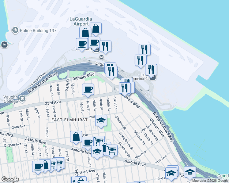 map of restaurants, bars, coffee shops, grocery stores, and more near Ditmars Blvd Square in Queens