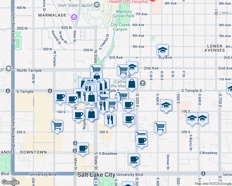 map of restaurants, bars, coffee shops, grocery stores, and more near 11 South 200 East in Salt Lake City