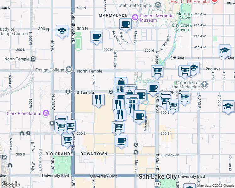 map of restaurants, bars, coffee shops, grocery stores, and more near 99 West South Temple in Salt Lake City