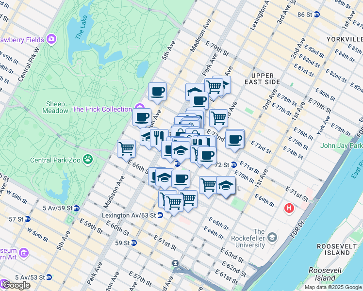 map of restaurants, bars, coffee shops, grocery stores, and more near 958 Lexington Avenue in New York