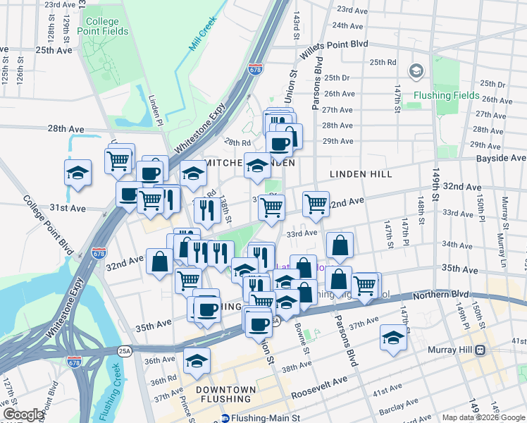 map of restaurants, bars, coffee shops, grocery stores, and more near 140-21 32nd Avenue in Queens